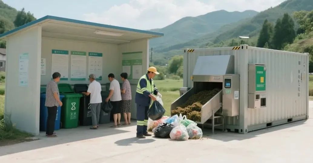 農村垃圾分類站點，環衛工人在分揀垃圾，居民在投放垃圾。旁邊還有一個自動進出料的堆肥發酵裝備，集裝箱式的樣子。.jpeg
